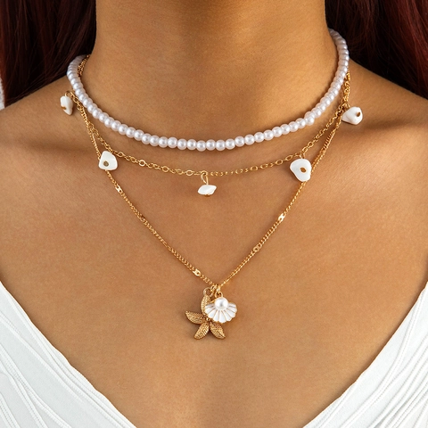 Multi Layer Halskette Mit Perlimitaten Und Legierung Seestern Muschel Anhänger Strand Stil Schmuck Für Damen