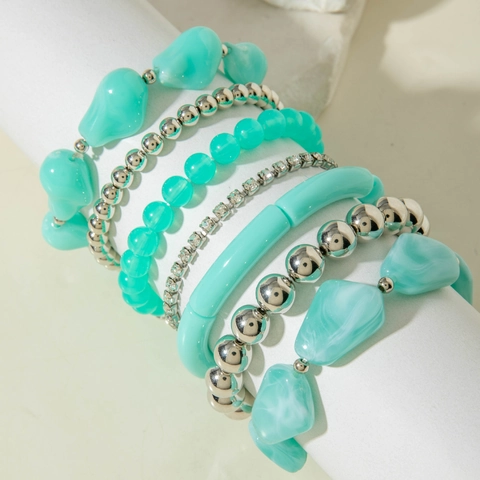 Bohemian Beaded Bracelets Layered Acrylic Resin Alloy Rhinestones Mint Green Turquoise Retro Summer Jewelry Women