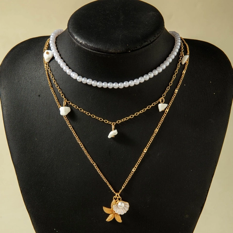 Multi Layer Halskette Mit Perlimitaten Und Legierung Seestern Muschel Anhänger Strand Stil Schmuck Für Damen