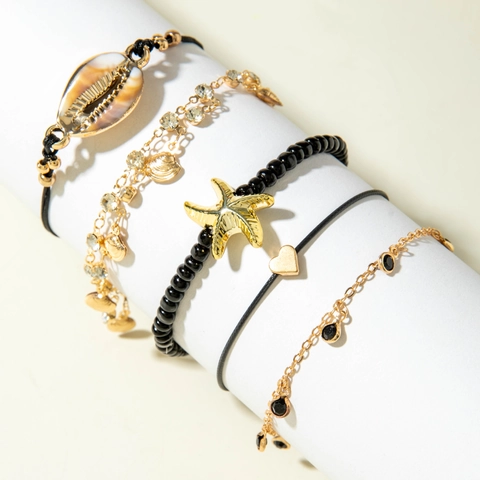 Tobilleras De Playa Bohemias Con Colgante De Estrella De Mar Concha Corazón Aleación Cuentas De Vidrio Joyería De Pies Multicapa Mujer