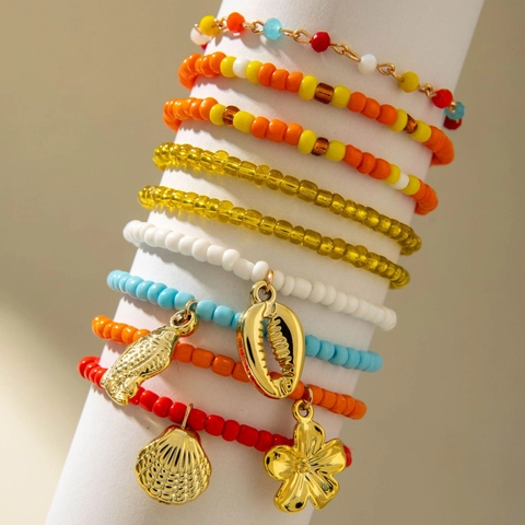 Böhmische Mehrlagige Perlenarmbänder Damen Bunte Glasperlen Legierung Muschel Blumen Anhänger Sommer Strand Schmuck