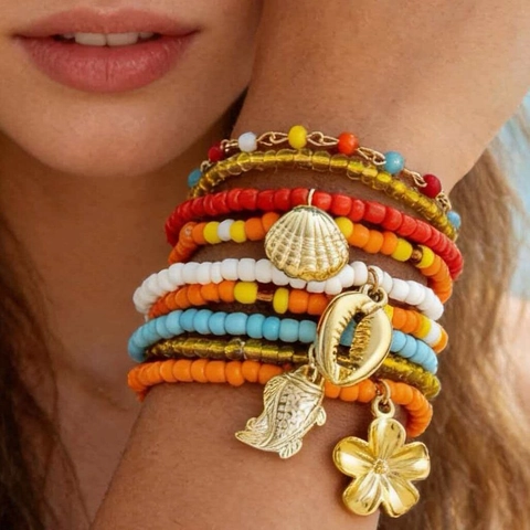 Böhmische Mehrlagige Perlenarmbänder Damen Bunte Glasperlen Legierung Muschel Blumen Anhänger Sommer Strand Schmuck