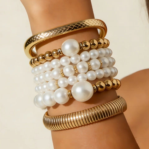 Vintage Mehrlagiger Künstliche Perlenarmband Armreif Für Frauen Chic CCB Legierung Strukturiert Stapelbar Modeschmuck Elegant