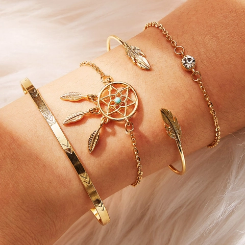 Bohemian Gold Alloy Bracelets Bangles With Dreamcatcher Turquoise Charm Feather Arrow Geometric Jewelry For Women