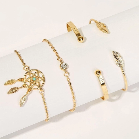 Bohemian Gold Alloy Bracelets Bangles With Dreamcatcher Turquoise Charm Feather Arrow Geometric Jewelry For Women
