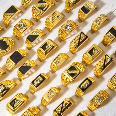 Alloy Rhinestone Rings Vintage Gold Plated Middle Eastern Arabic Geometric Engraved Enamel Punk Statement Jewelry Unisex