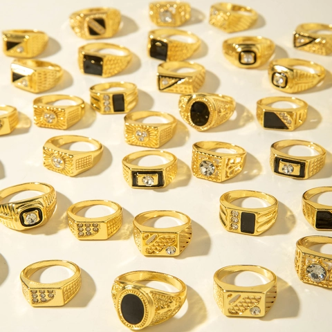 Alloy Rhinestone Rings Vintage Gold Plated Middle Eastern Arabic Geometric Engraved Enamel Punk Statement Jewelry Unisex