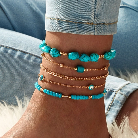 Böhmische Mehrlagige Fußkettchen Legierung Türkis Perlen Elastische Fußkette Evil Eye Anhänger Strand Sommer Schmuck Damen