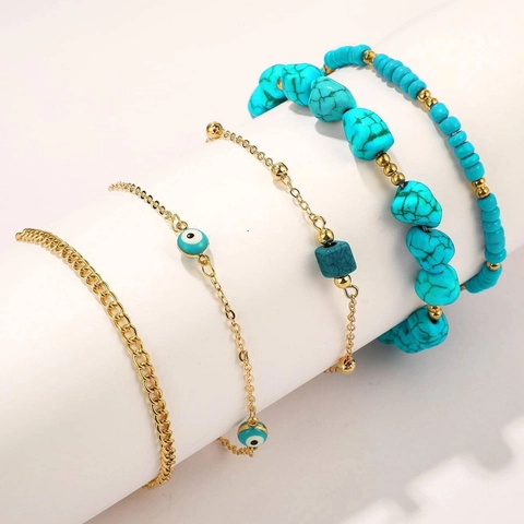 Böhmische Mehrlagige Fußkettchen Legierung Türkis Perlen Elastische Fußkette Evil Eye Anhänger Strand Sommer Schmuck Damen