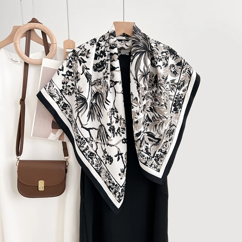 French Vintage Floral Print Square Scarf Elegant Polyester Satin Feel Neck Wrap Head Scarf For Women