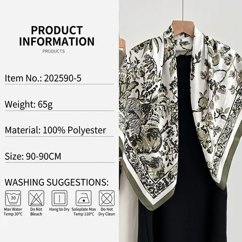 French Vintage Floral Print Square Scarf Elegant Polyester Satin Feel Neck Wrap Head Scarf For Women