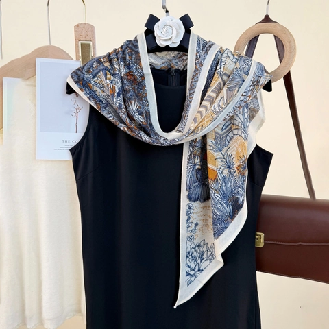 Vintage Botanical Architecture Print Satin Scarf For Women French Style Palm Leaves Oblique Neck Wrap Lightweight Shawl