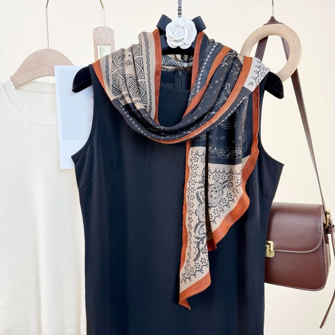 Women Vintage Ethnic Print Long Scarf Polyester Faux Satin Paisley Geometric Pattern Lightweight Elegant Neck Wrap Accessories