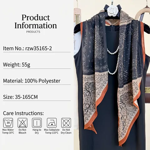 Women Vintage Ethnic Print Long Scarf Polyester Faux Satin Paisley Geometric Pattern Lightweight Elegant Neck Wrap Accessories
