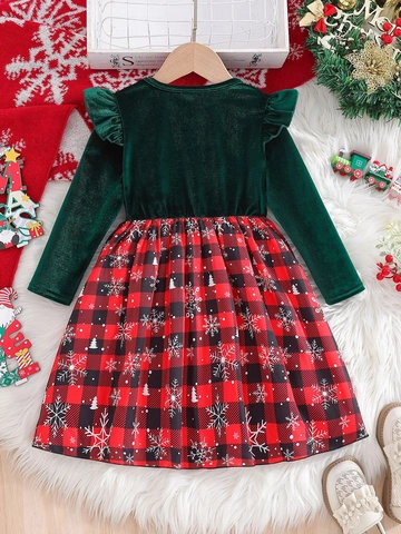Girls Christmas Velvet Patchwork Plaid Dress Snowflake Tree Long Sleeve Xmas Party Princess Gown Outfit For Kids