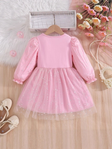 Long Sleeve Girls Princess Dress Silver Star Mesh Tulle Party Gown Soft Cotton Blend Lining For Toddler Kids Sweet Clothes