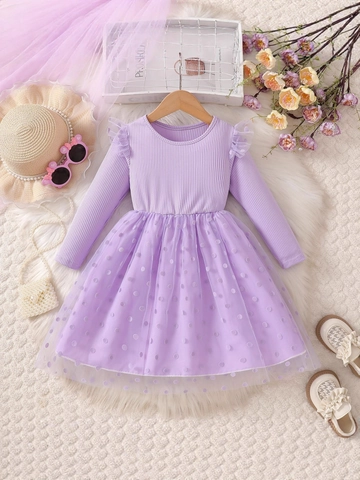 Girls Long Sleeve Princess Dress Polka Dot Mesh Tutu Ribbed Knit Patchwork Sweet Casual Autumn Spring Outfits