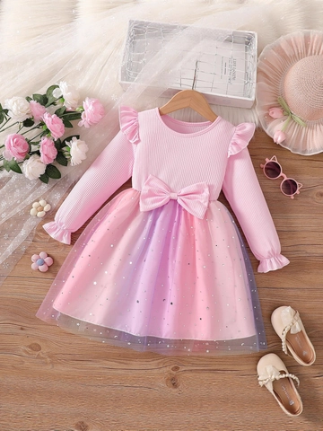 Mädchen Langarm Prinzessin Kleid Gradient Regenbogen Netz Tüll Rock Mit Schleife Stern Mond Pailletten Frühling Herbst Kinder