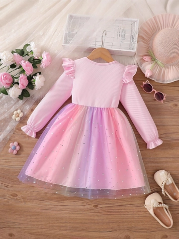 Mädchen Langarm Prinzessin Kleid Gradient Regenbogen Netz Tüll Rock Mit Schleife Stern Mond Pailletten Frühling Herbst Kinder