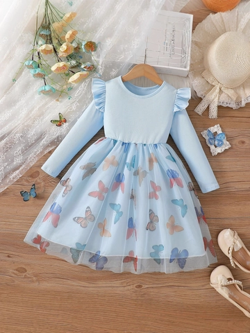 Kinder Mädchen Prinzessinnenkleid Langarm Rippstrick Mesh Spleißen Schmetterlingsdruck Tutu Kleid Für Kleinkinder Frühling Herbst Hellblau