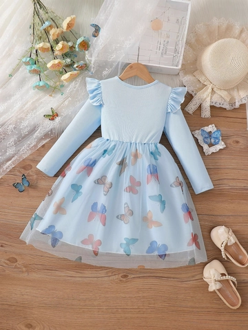 Kinder Mädchen Prinzessinnenkleid Langarm Rippstrick Mesh Spleißen Schmetterlingsdruck Tutu Kleid Für Kleinkinder Frühling Herbst Hellblau