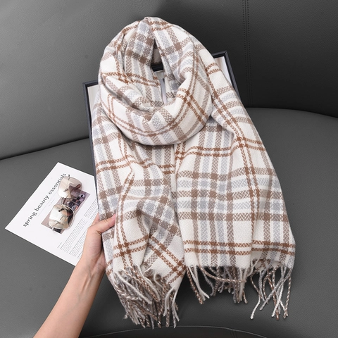 Damen Vintage Karierter Kaschmir-ähnlich Schal Winter Dick Warm Groß Stola mit Quasten Britischer Stil Gitter Wrap für Damen