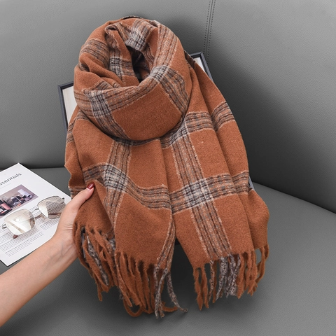 Plaid Scarf For Women Men Winter Thick Warm Imitation Cashmere Shawl Double Sided Long Tassel Neck Warmer