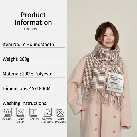 Houndstooth Sjaal Imitatie Kasjmier Polyester Winter Warm Sjaal Met Franjes Heren Dames Retro Elegant Dubbelzijdig Wrap
