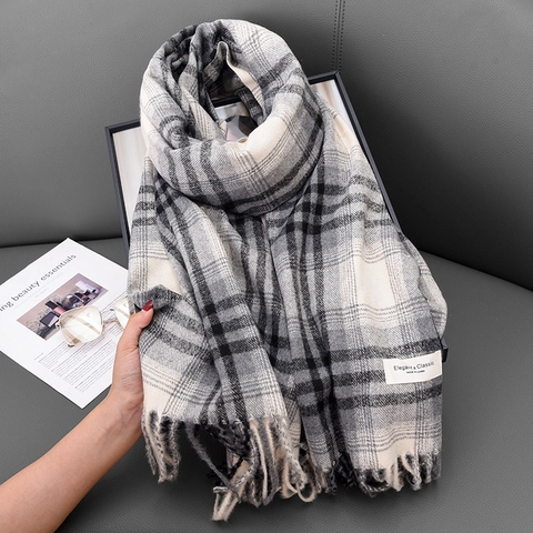 Sciarpa Scialle A Quadri Da Donna Imitazione Cashmere Spessa Calda Inverno Retro Blocchi Di Colore Frange Elegante