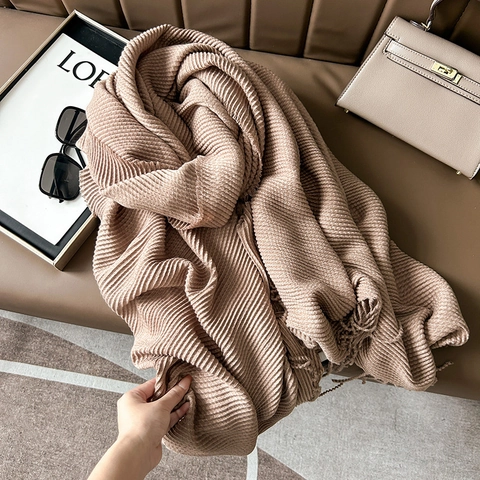 Écharpe Plissée pour Femmes Couleur Unie Imitation Cachemire Châle Long Avec Gland Hiver Chaud Mode Foulard Accessoire