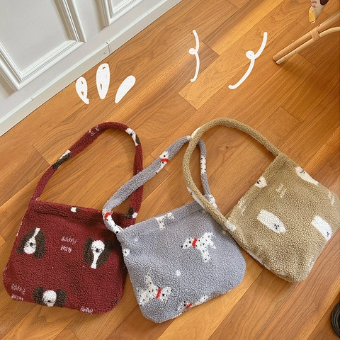 Sherpa Fleece Umhängetasche Für Damen Große Kapazität Plüsch Schultertasche Mit Süßem Hundedruck Winter Casual