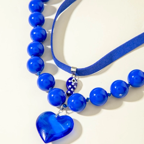 Blaue Zweilagige Halskette Acryl Perlenkette Samt Choker Durchscheinender Herzanhänger Evil Eye Fisch Charm Süßer Cooler Stil