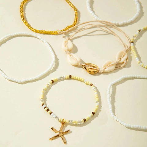 Bracciali Sovrapponibili Multi Strato Boho Con Ciondoli Conchiglia Stella Marina Perline Di Vetro Stile Spiaggia Estate Per Donne