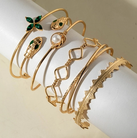 Vintage Snake Bracelet Bangle For Women With Faux Emerald Green Stone And Artificial Pearl Accents Gold Plated Hollow Jewelry