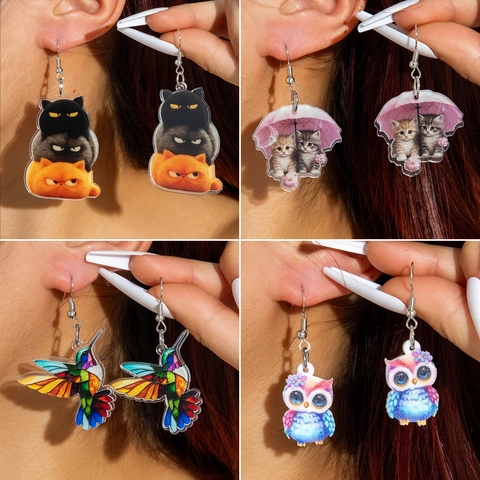 Süße Cartoon Tier Acryl Ohrhänger Für Frauen Mädchen Neuheit Katze Eule Kolibri Mode Schmuck Zubehör