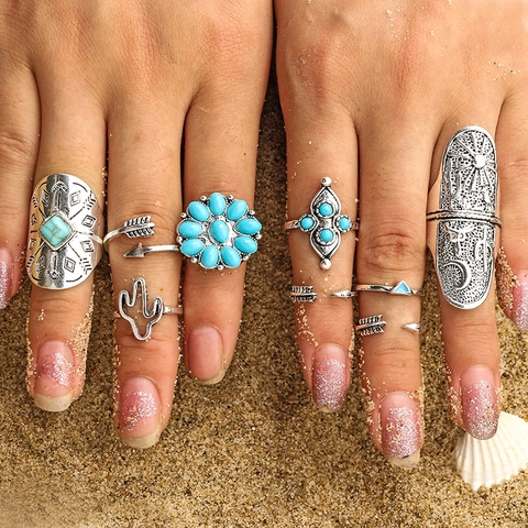 Vintage Bohemian Turquoise Finger Rings Alloy Silver Color Flower Cactus Arrow Ethnic Stacking Jewelry For Women