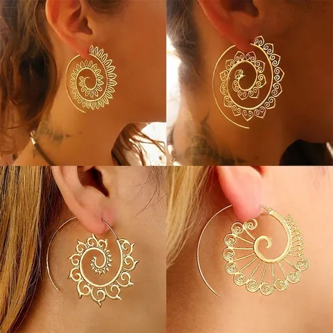 Alloy Spiral Hoop Earrings Vintage Bohemian Ethnic Style Hollow Leaf Pattern Jewelry Women