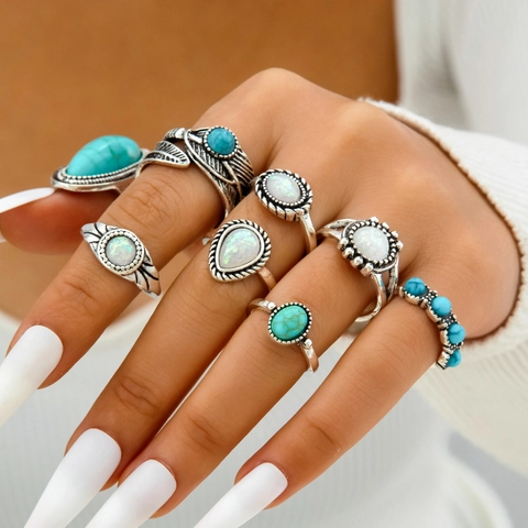 Vintage Bohemian Ring Alloy Imitation Turquoise Flower Eagle Geometric Retro Ethnic Style Accessory For Women