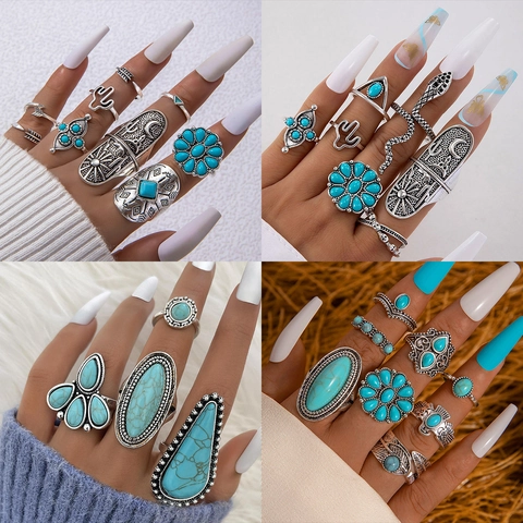 Vintage Bohemian Turquoise Finger Rings Alloy Silver Color Flower Cactus Arrow Ethnic Stacking Jewelry For Women