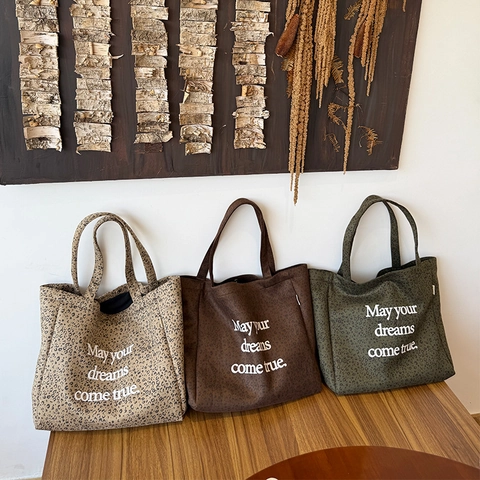 Sac Fourre-tout Vintage en Daim à Imprimé Léopard pour Femme Sac à Bandoulière Grande Capacité avec Impression de Lettres