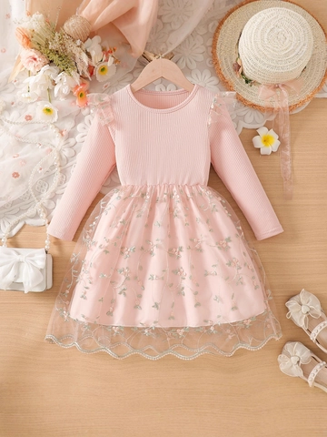 Mädchen Langarm Prinzessinnenkleid Blumenstickerei Tüll Netz Patchwork Frühling Herbst Kinder Süßes Party Zeremonielles Kleid
