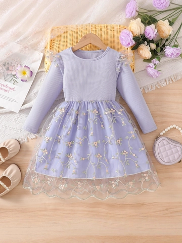 Mädchen Langarm Prinzessinnenkleid Blumenstickerei Tüll Netz Patchwork Frühling Herbst Kinder Süßes Party Zeremonielles Kleid