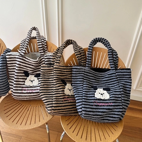 Damen Gestreifte Plüsch Tragetasche Süßer Cartoon Welpe Stickerei Lammwolle Fleece Große Kapazität Schultertasche Handtasche
