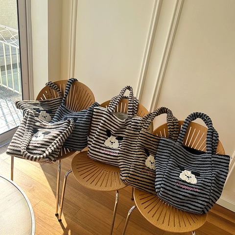 Damen Gestreifte Plüsch Tragetasche Süßer Cartoon Welpe Stickerei Lammwolle Fleece Große Kapazität Schultertasche Handtasche