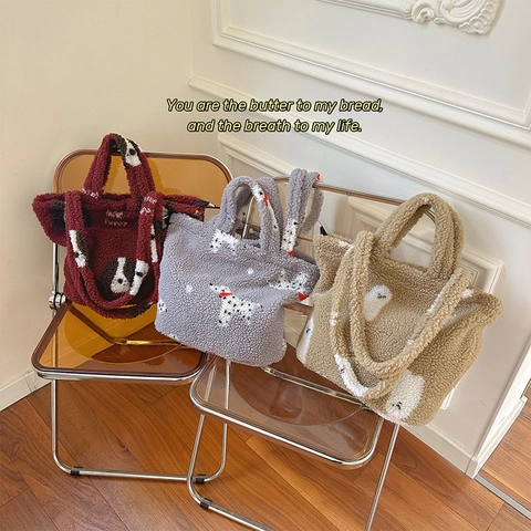 Borsa Tote In Peluche Da Donna Sherpa Grande Capacità Borsa A Mano Borsa A Tracolla Simpatico Motivo Cane Cartone Animato Autunno Inverno