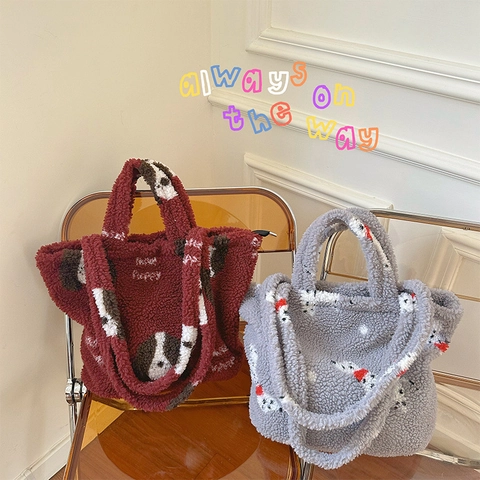 Borsa Tote In Peluche Da Donna Sherpa Grande Capacità Borsa A Mano Borsa A Tracolla Simpatico Motivo Cane Cartone Animato Autunno Inverno