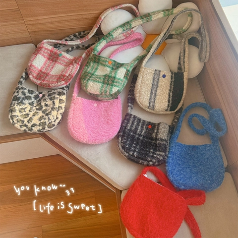 Retro Plüsch Umhängetasche Für Damen Halbkreis Lammwolle Schultertasche Weich Karomuster Leopard Klein Lässige Tasche