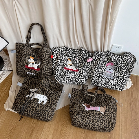 Leopardenmuster Canvas Shopper Tasche Cartoon Hund Stickerei Kordelzug Schultertasche Retro Lässig Große Kapazität