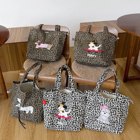 Leopardenmuster Canvas Shopper Tasche Cartoon Hund Stickerei Kordelzug Schultertasche Retro Lässig Große Kapazität