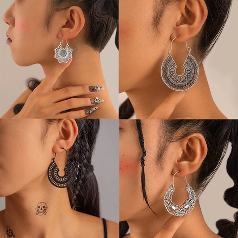 Vintage Bohemian Hollow Out Mandala Drop Earrings Alloy Geometric Floral Totem Pattern Hook Earrings For Women Jewelry Gift